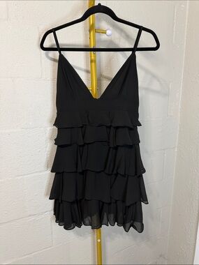 Tiered Ruffle Spaghetti Strap Mini Dress in Black